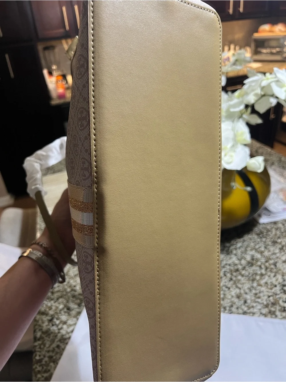 Tory Burch Blush Logo Stripe Tote with Olive Trim